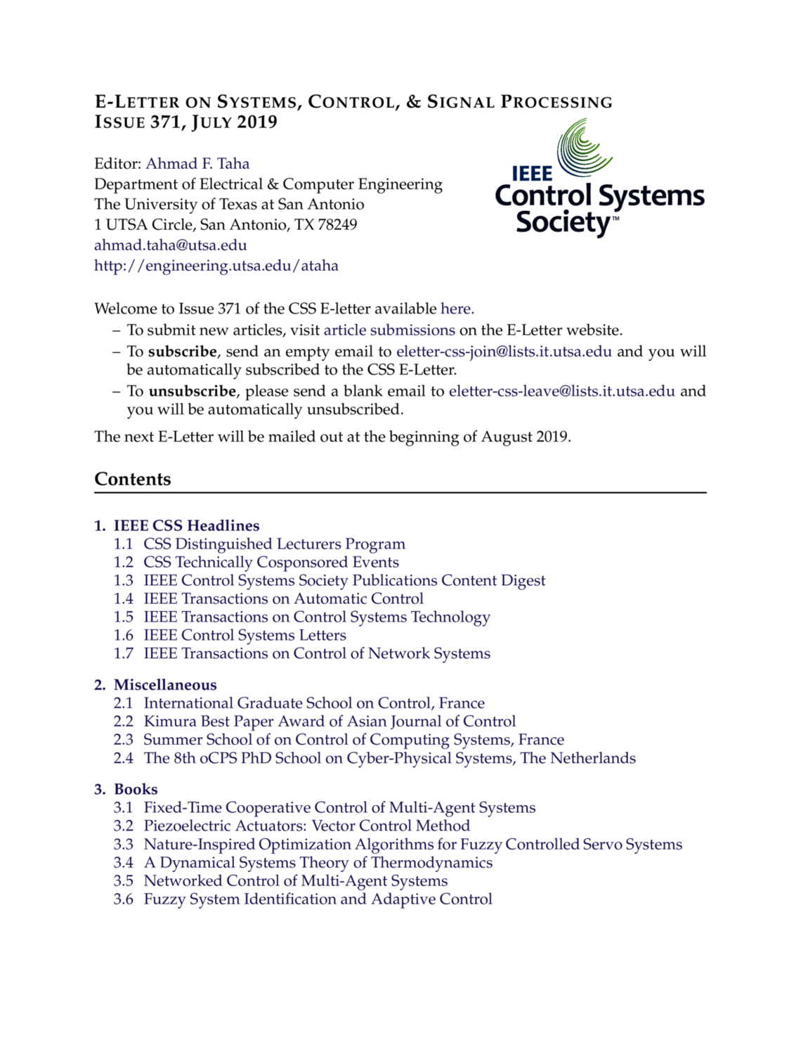 E Letter On Systems Control Signal Processing Issue 371 July 2019 Ieee Control Systems Society