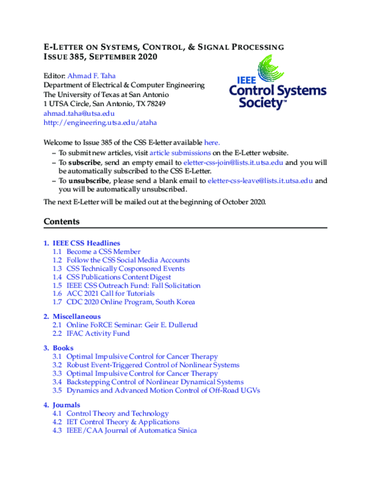 E Letter September 2020 Issue 385 Ieee Control Systems Society
